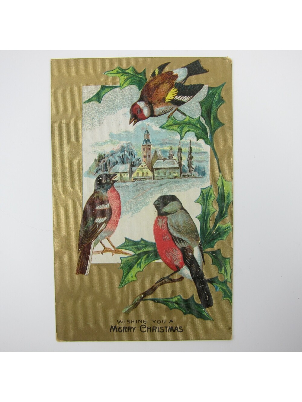 Antique Christmas Postcard Snowy Village Houses Church Birds Gold Embossed 1910